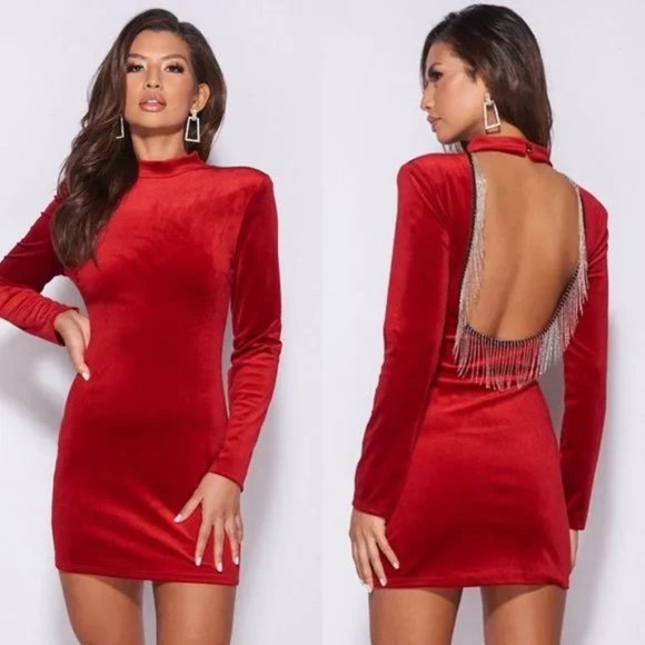 Dresses & Skirts - Red Velvet Long Sleeve High Neck Open Back Backless Bodycon Mini Dress
